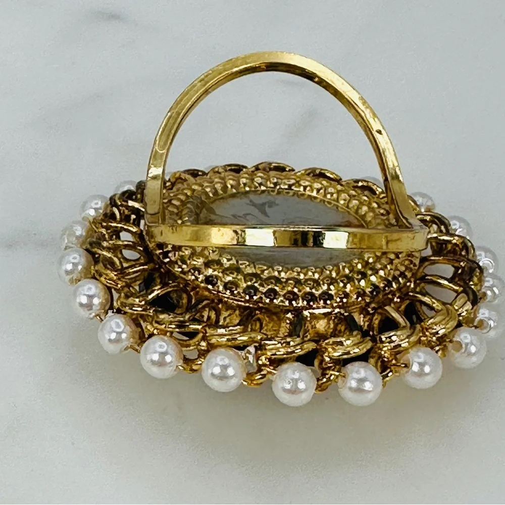 Vintage Faux Cameo Scarf Ring Slide Faux Pearl Romantic Victorian Bridgerton Big
